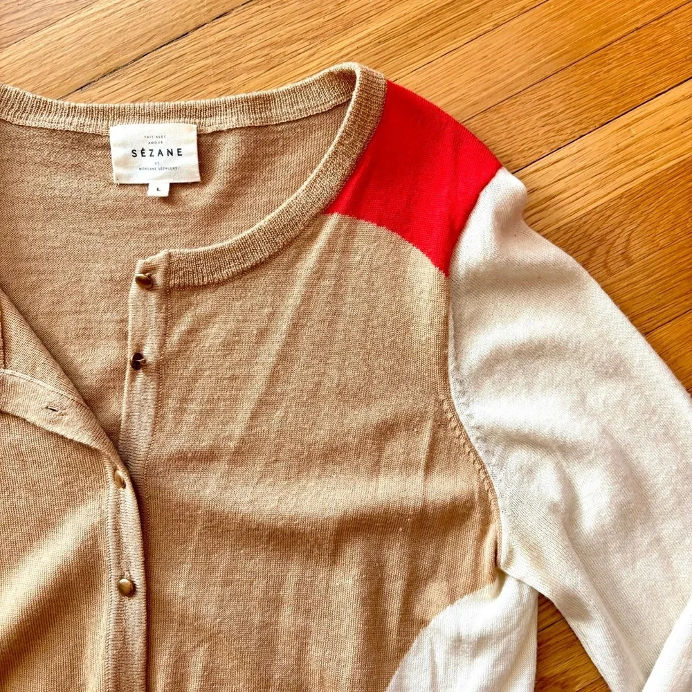 Sezane Virgin Wool Colorblock Cardigan Tan Cream Red L Quiet Luxury Chic Stretch